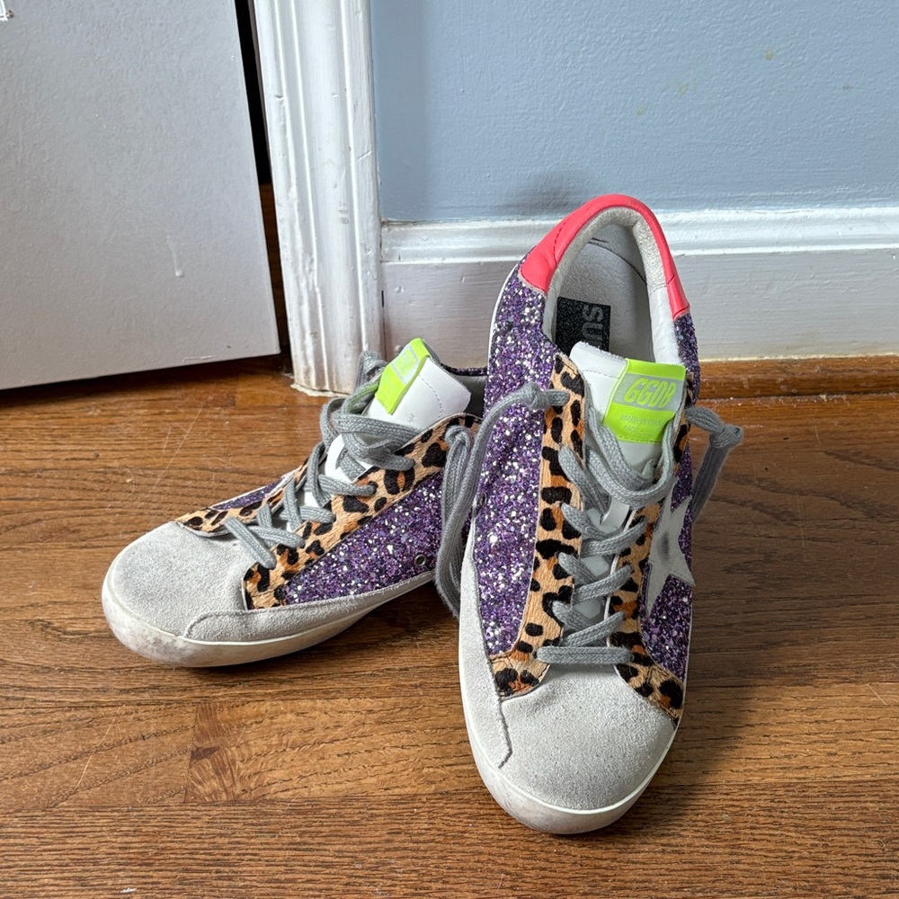 Golden Goose Purple Glitter Sneakers with Leopard Detail